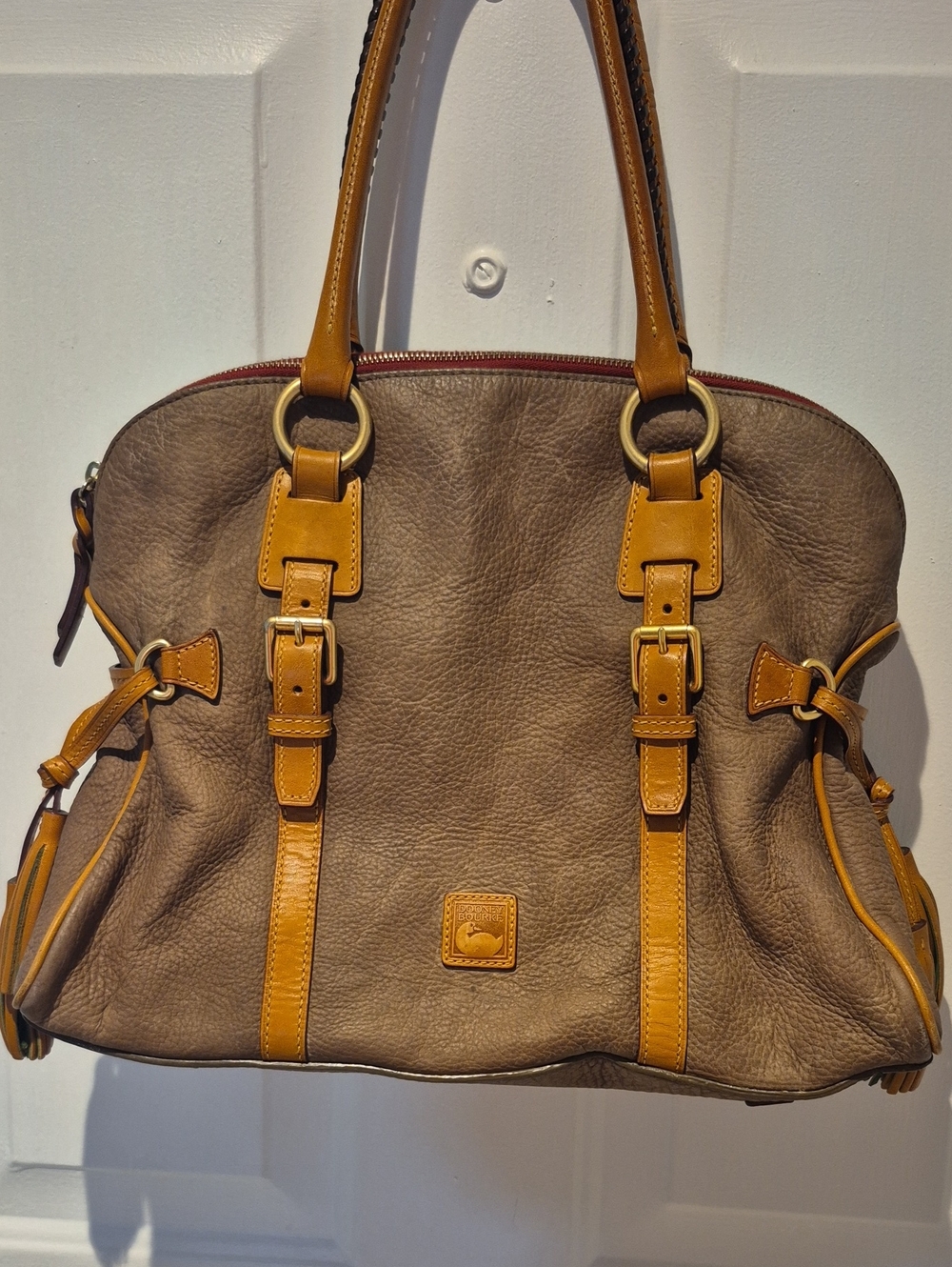 Dooney & Bourke Pebbled Leather Satchel Tote in Taupe with Tan Trim